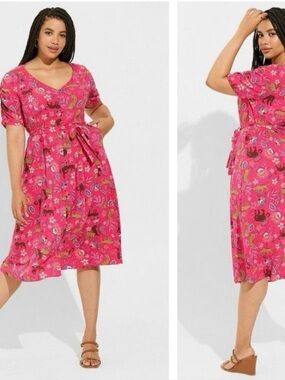 NWT Torrid Slub Button Hot Pink V-Neck Tie-Waist Midi Dress